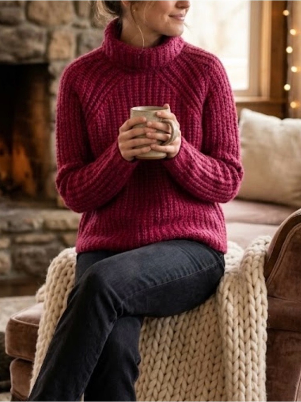 Pacas Alpaca wool blend chunky knit turtleneck sweater super soft burgundy Small